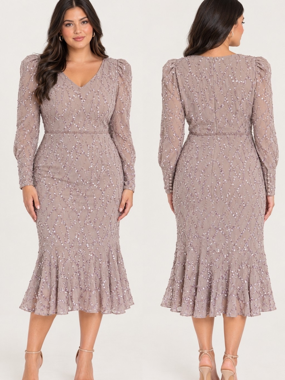 Mac Duggal Mauve Beaded Midi Dress with V-Neck